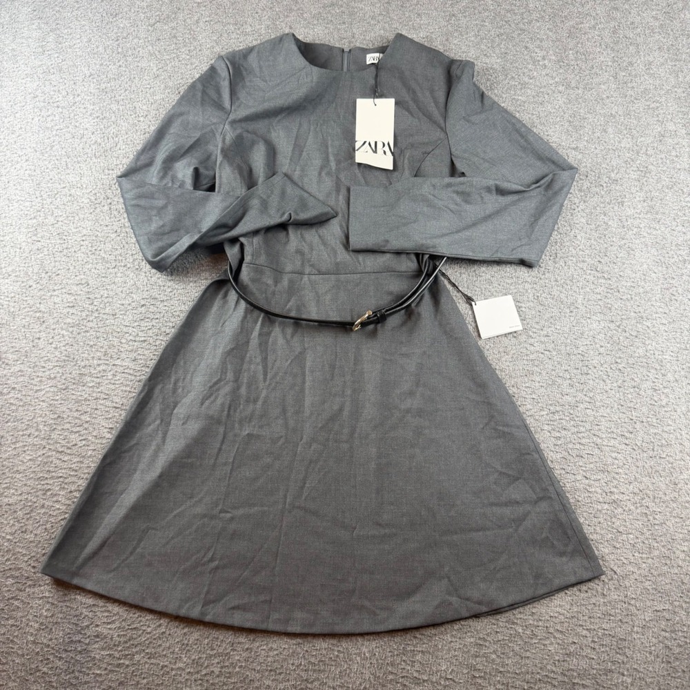 Zara Dress Women's XS Grey Long Sleeve Belted Fit and Flare Mini 3736/263/802
